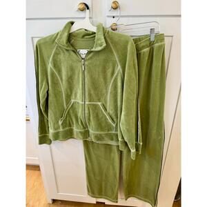 Vintage Green Velour Lounge Set – Zip Jacket & Drawstring Pant Size L